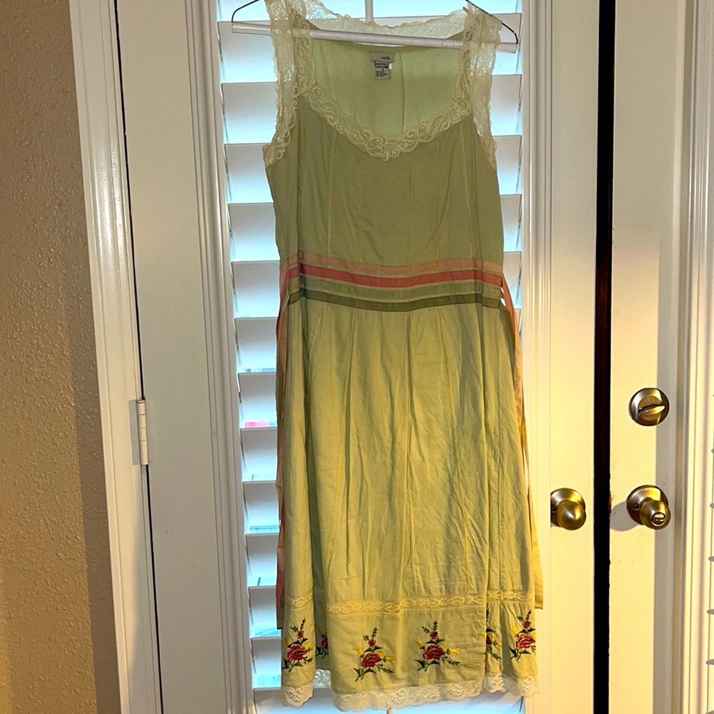 Size 6 sleeveless Anthropologie mint green dress with antique lace detail.